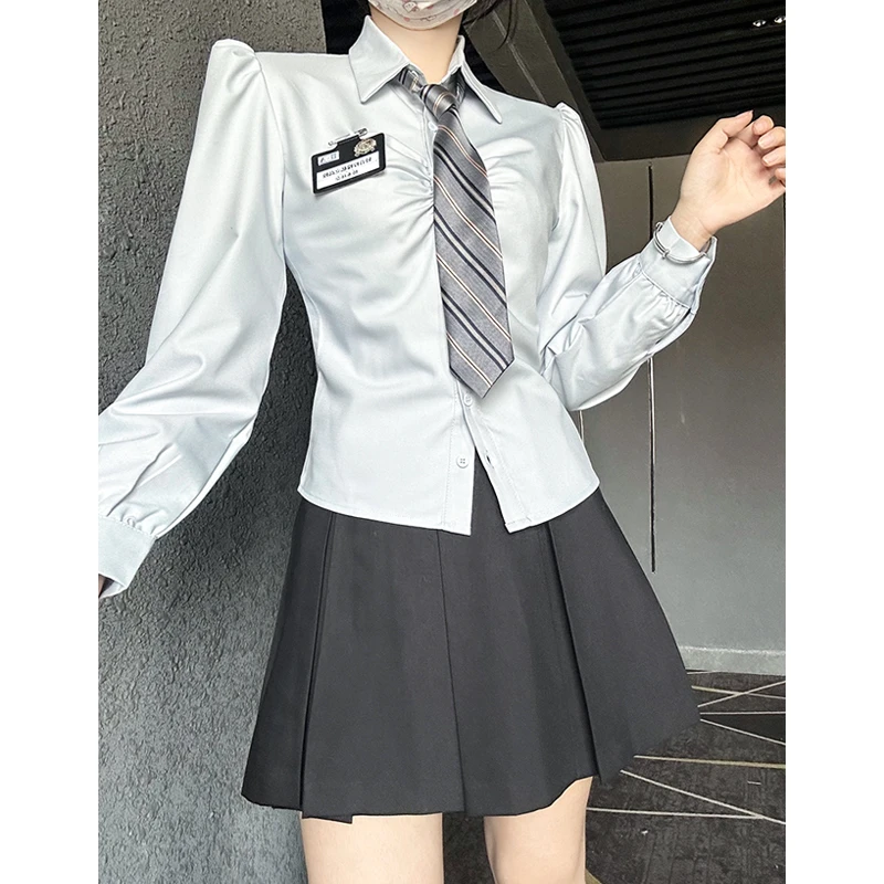 学院风jk长袖衬衫春秋款叠穿制服套装甜辣收腰上衣内搭蓝色衬衣女