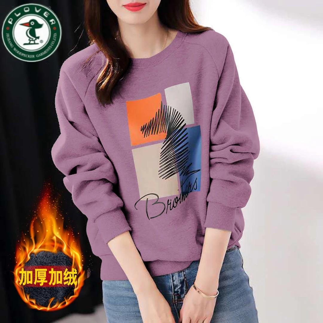 琢木鳥纯棉圆领卫衣女加绒加厚秋冬新款韩版宽松印花长袖百搭上衣