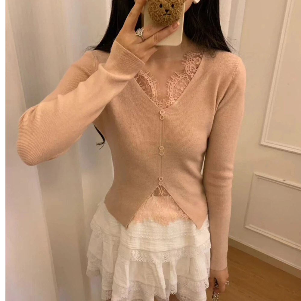 V领蕾丝花边开叉收腰针织衫女2025年秋设计小众别致绝美上衣F9-28