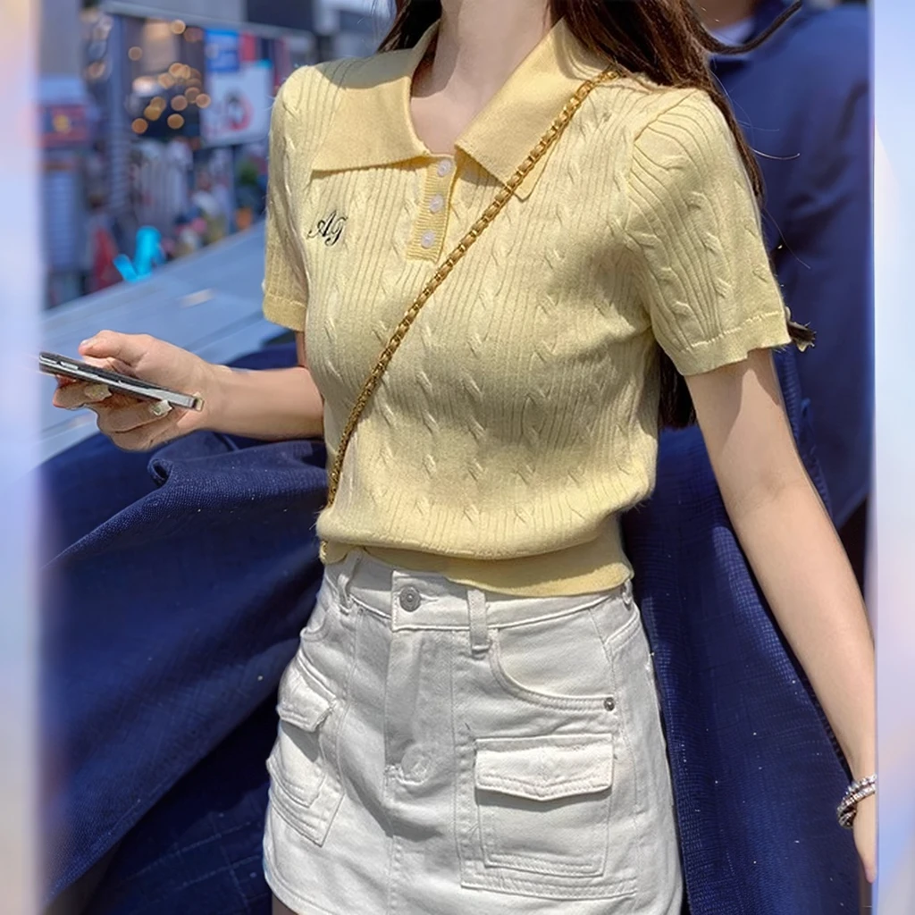 冰丝针织衫正肩短袖t恤女夏装学院风修身polo衫短上衣薄款A3-52