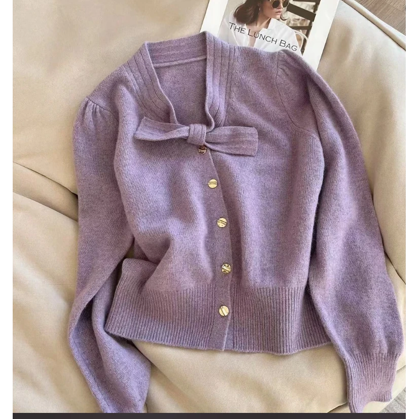 2025秋冬季法式蝴蝶结针织衫新款设计感单排扣毛衣百搭上衣H3-18