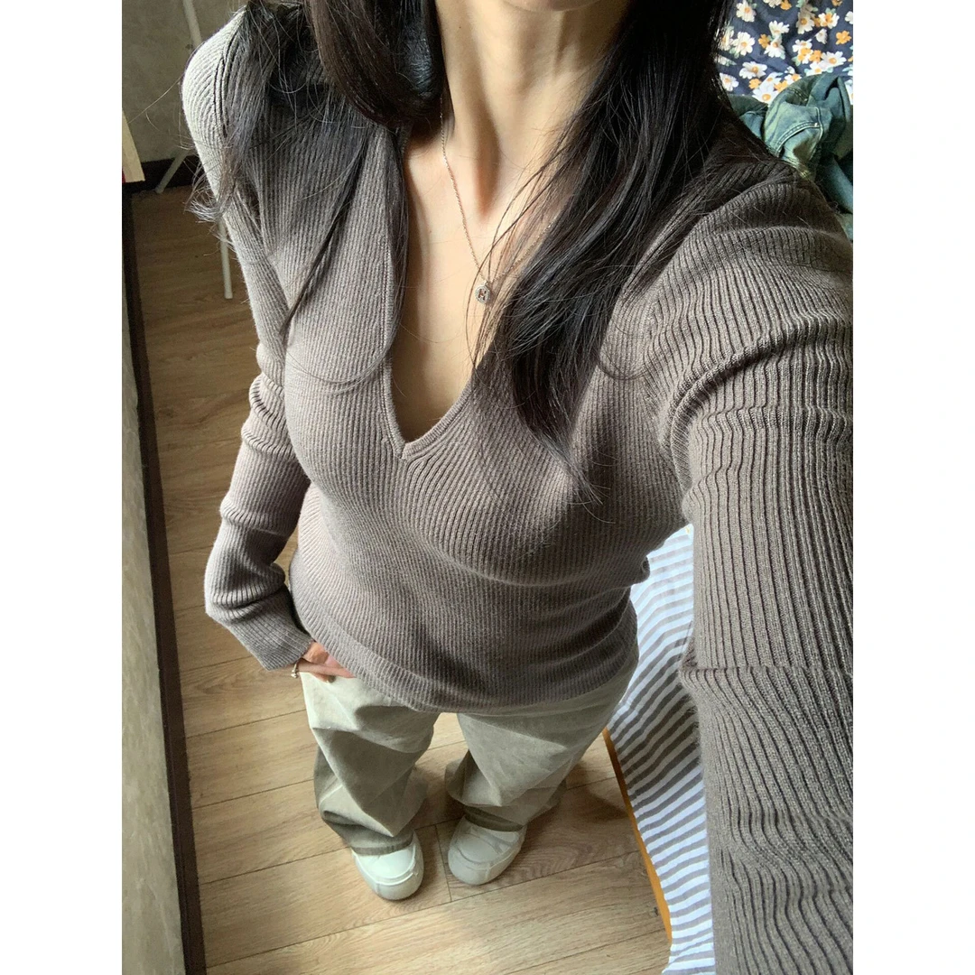 【现货】辣妹V领针织衫女秋冬显瘦收腰紧身正肩长袖上衣E1-14