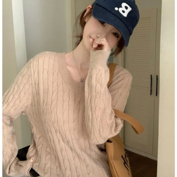 【现货】小众韩版套头2025秋冬季新款v领刺绣打底上衣显瘦百搭A6-15