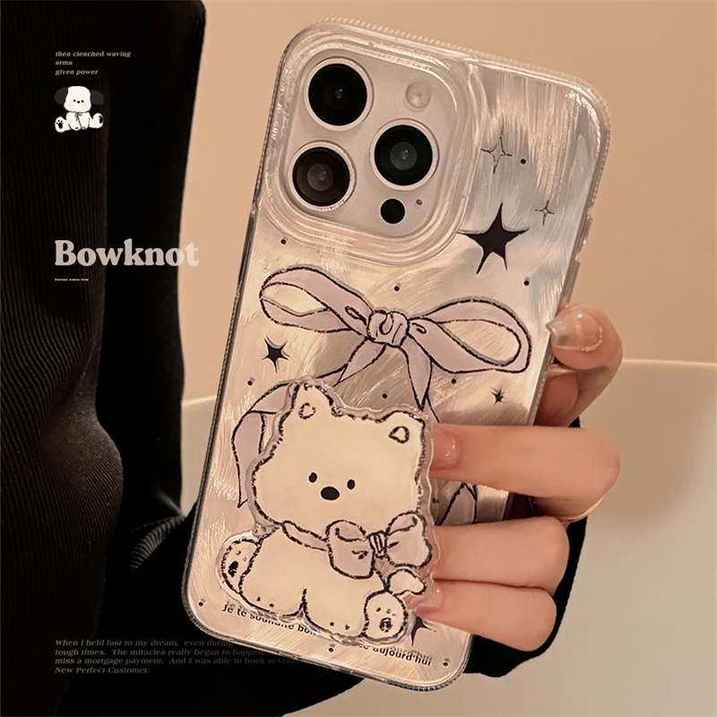 蝴蝶结小狗支架适用iPhone14苹果15手机壳13promax小众11可爱7/8p