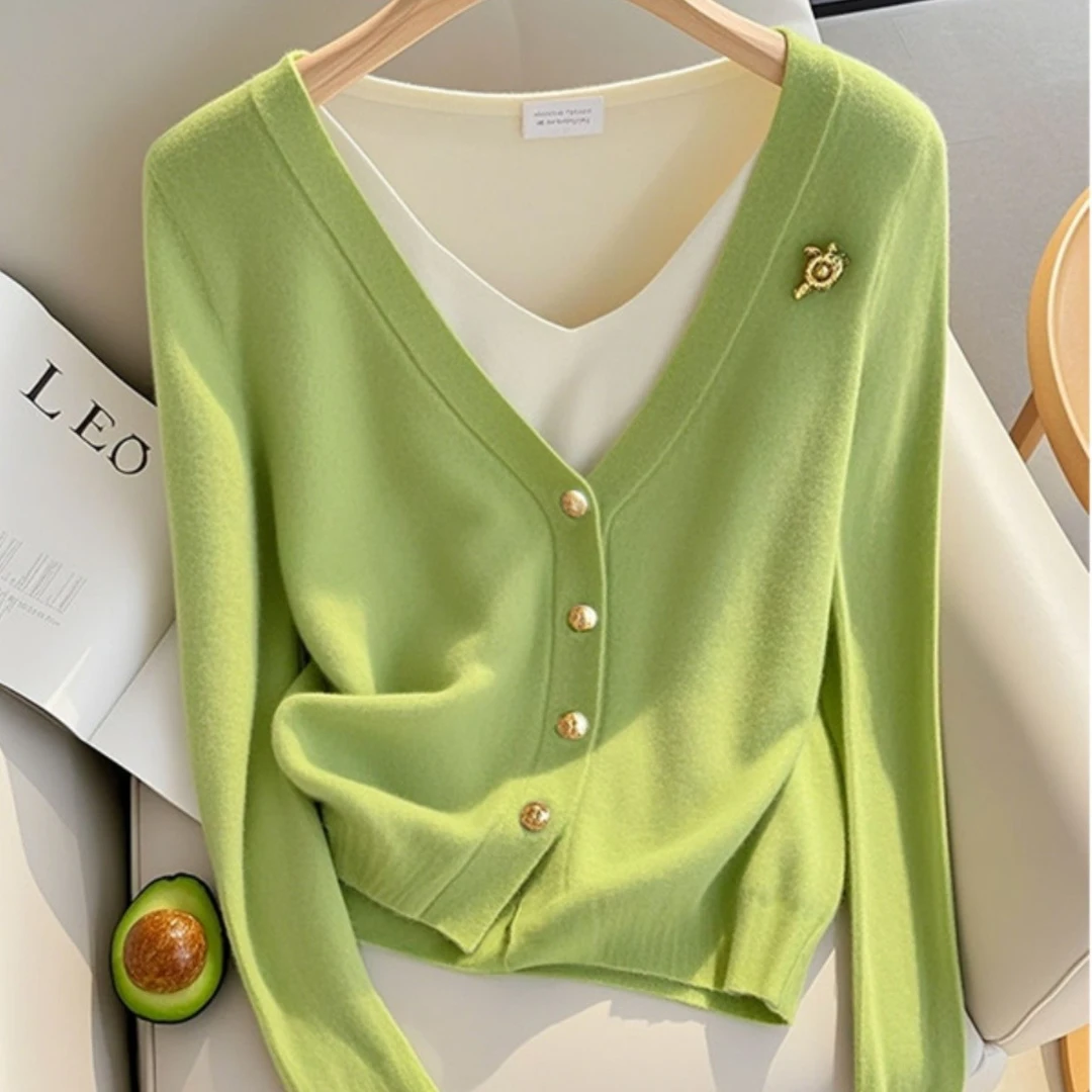 2024早春新款小香风假两件绿色长袖针织衫女独特百搭胖MM上衣