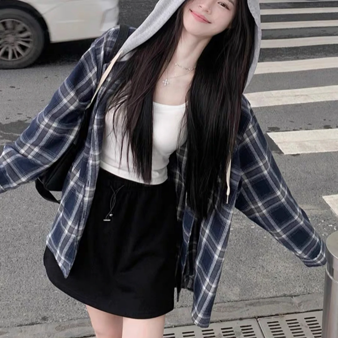 欧版时尚幂式藏青色磨毛格子显瘦开衫外套9120