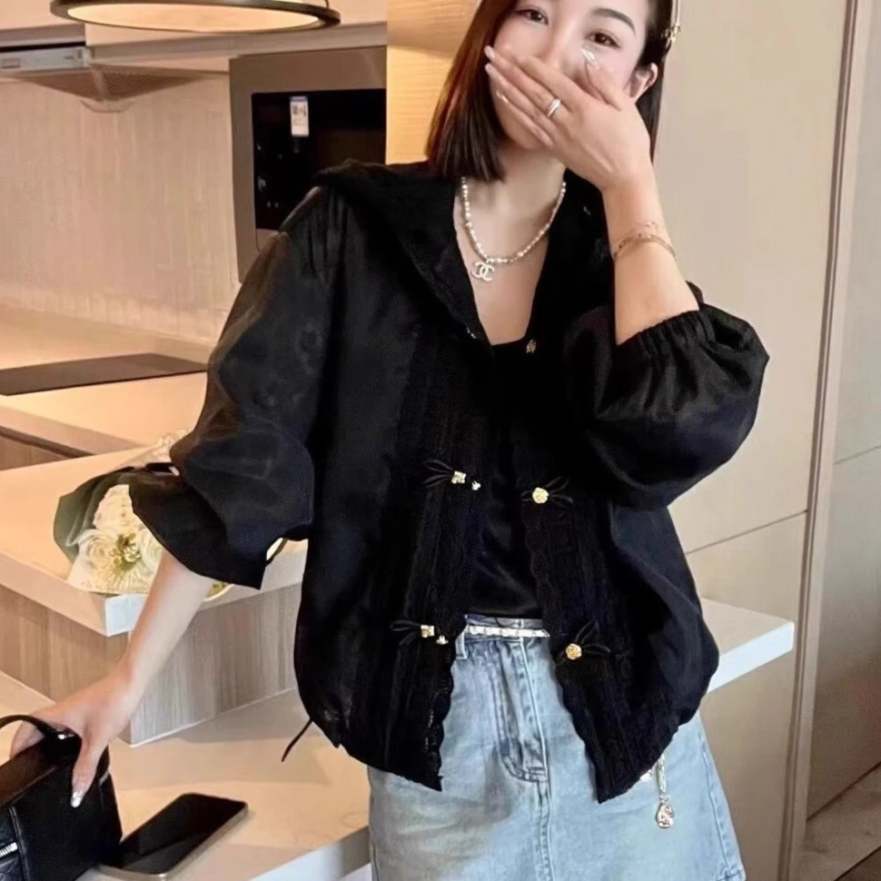 9670国风蕾丝拼接连帽防晒衣外套女夏薄款大码宽松休闲显瘦上衣