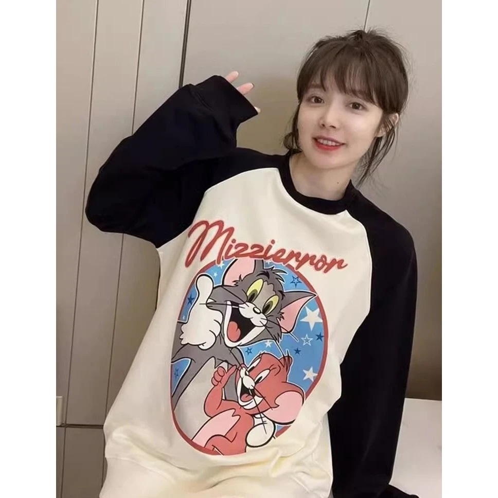 5366拼接撞色落肩袖套头卫衣女秋冬装宽松休闲印花长袖加绒上衣潮