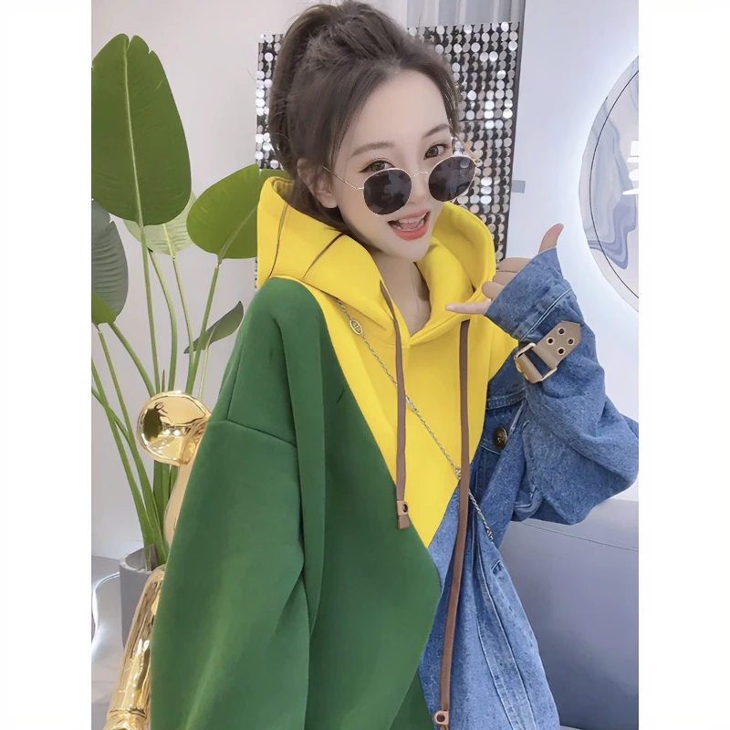 7975大码女装秋季新款胖mm拼色连帽卫衣时尚减龄显瘦宽松套头上衣