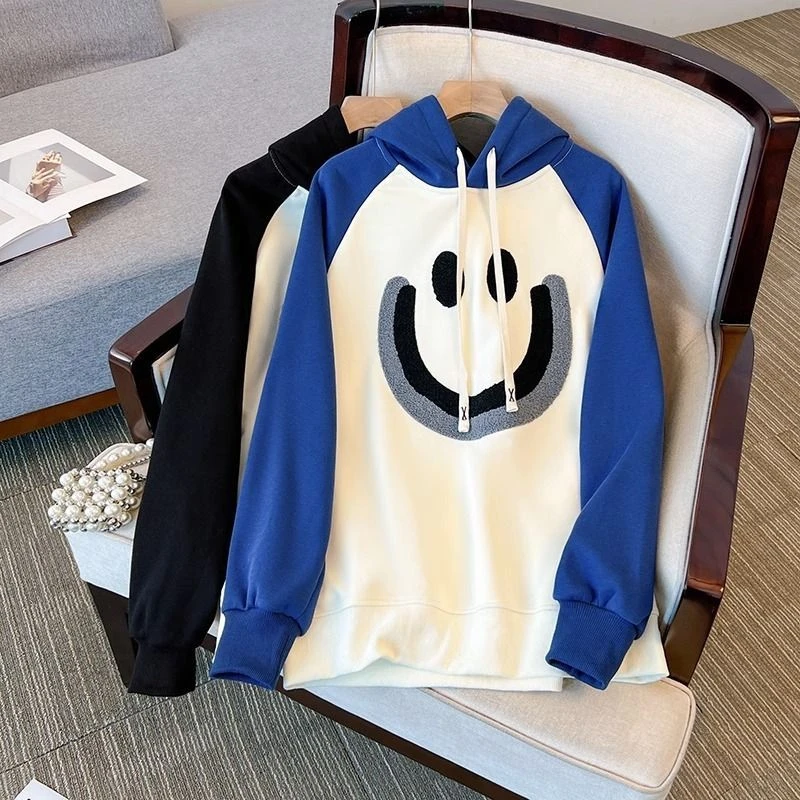 5383拼色植绒笑脸连帽卫衣外套女秋冬装宽松休闲百搭加绒帽衫上衣