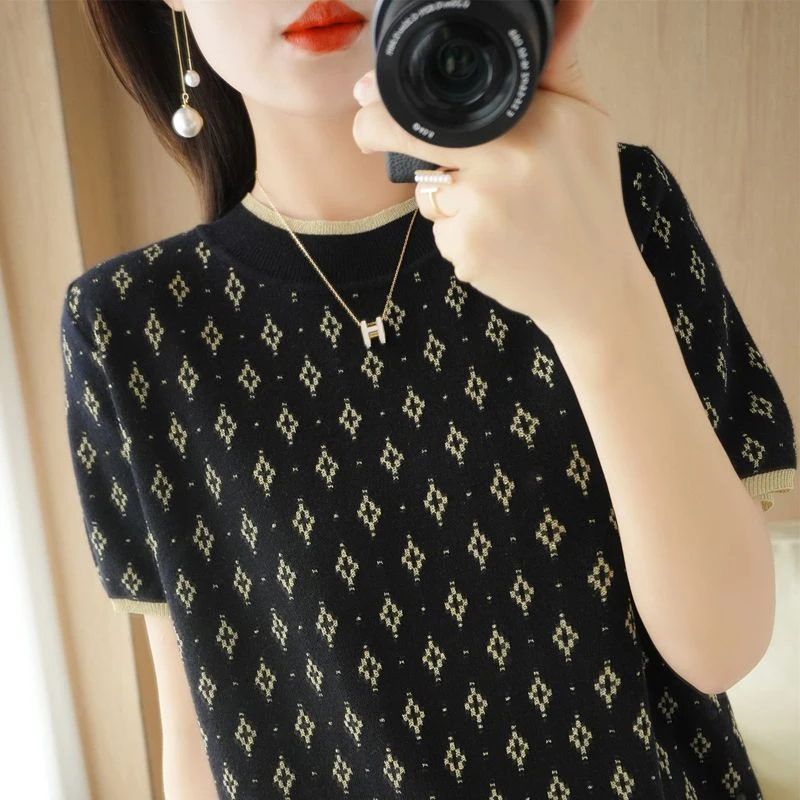 8401复古时髦圆领短袖针织衫女夏季新款宽松大码百搭T恤打底上衣