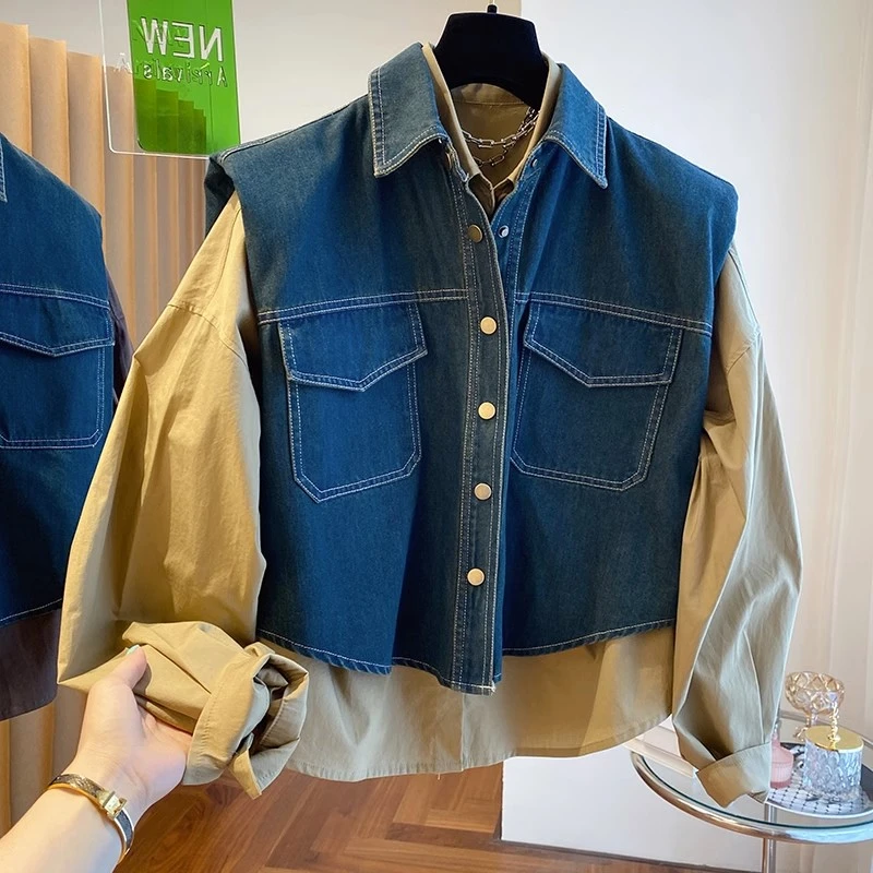 9376春秋新款韩版时尚牛仔马甲衬衫两件套长袖衬衣胖MM显瘦上衣女