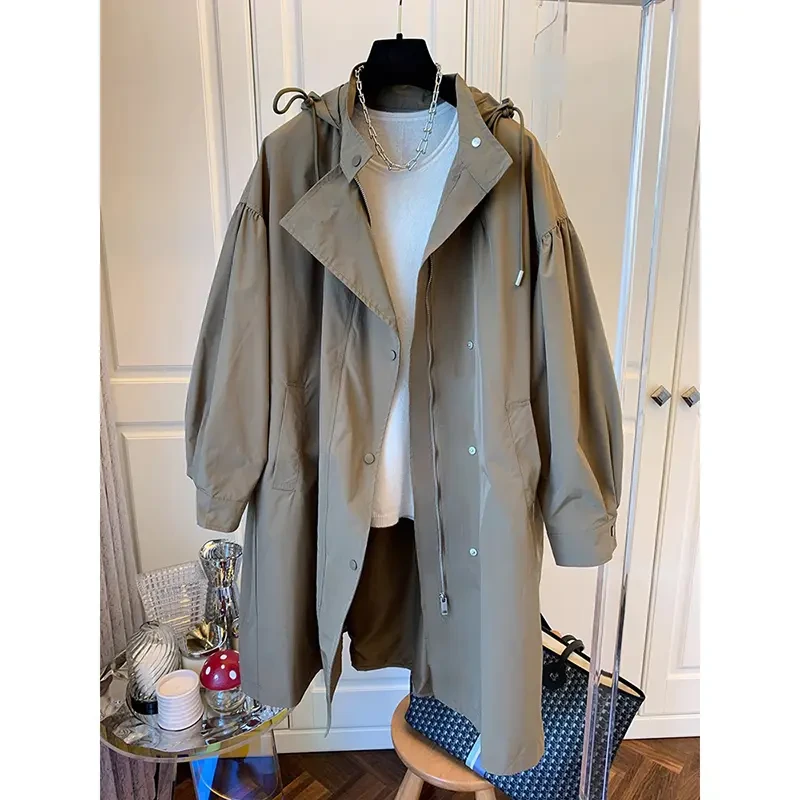 8758春秋季抽绳收腰宽松显瘦慵懒风连帽中长款防风工装风衣外套女