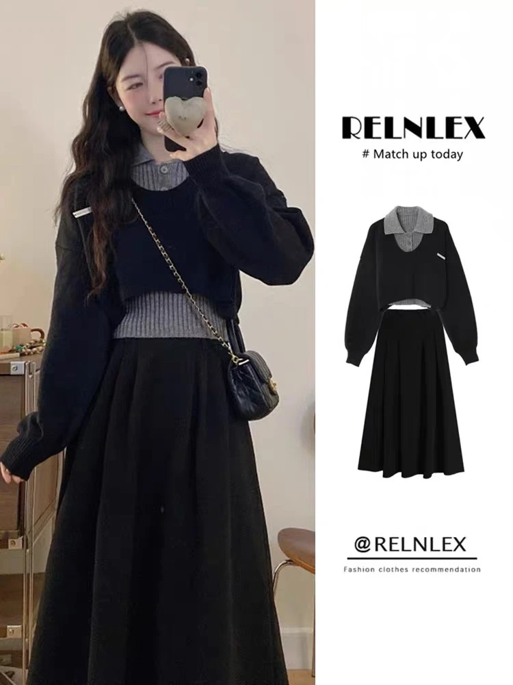 2024早秋韩系穿搭配一整套女高级感学院风黑色连衣裙子三件套装女