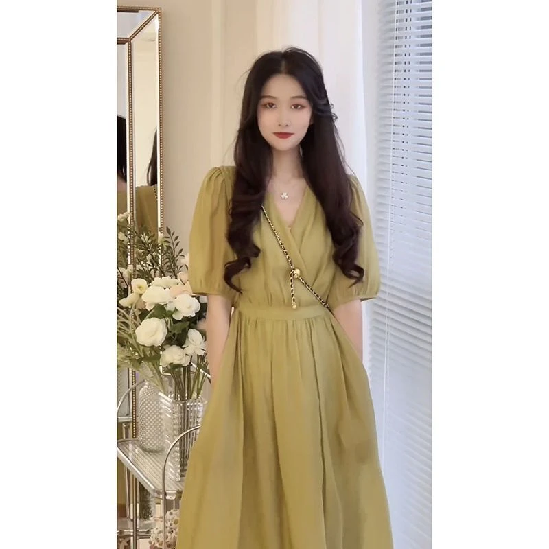 T6041夏季新款法式气质收腰显瘦小众高级感甜美泡泡袖长款连衣裙