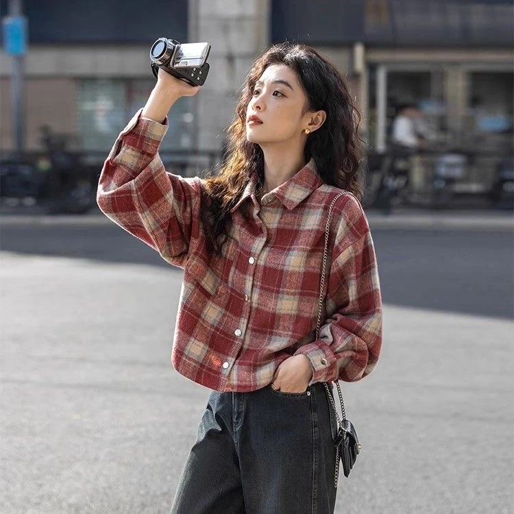 3379春季复古磨毛宽松格衬衣新款小个子短款宽松上衣长袖外套衬衫