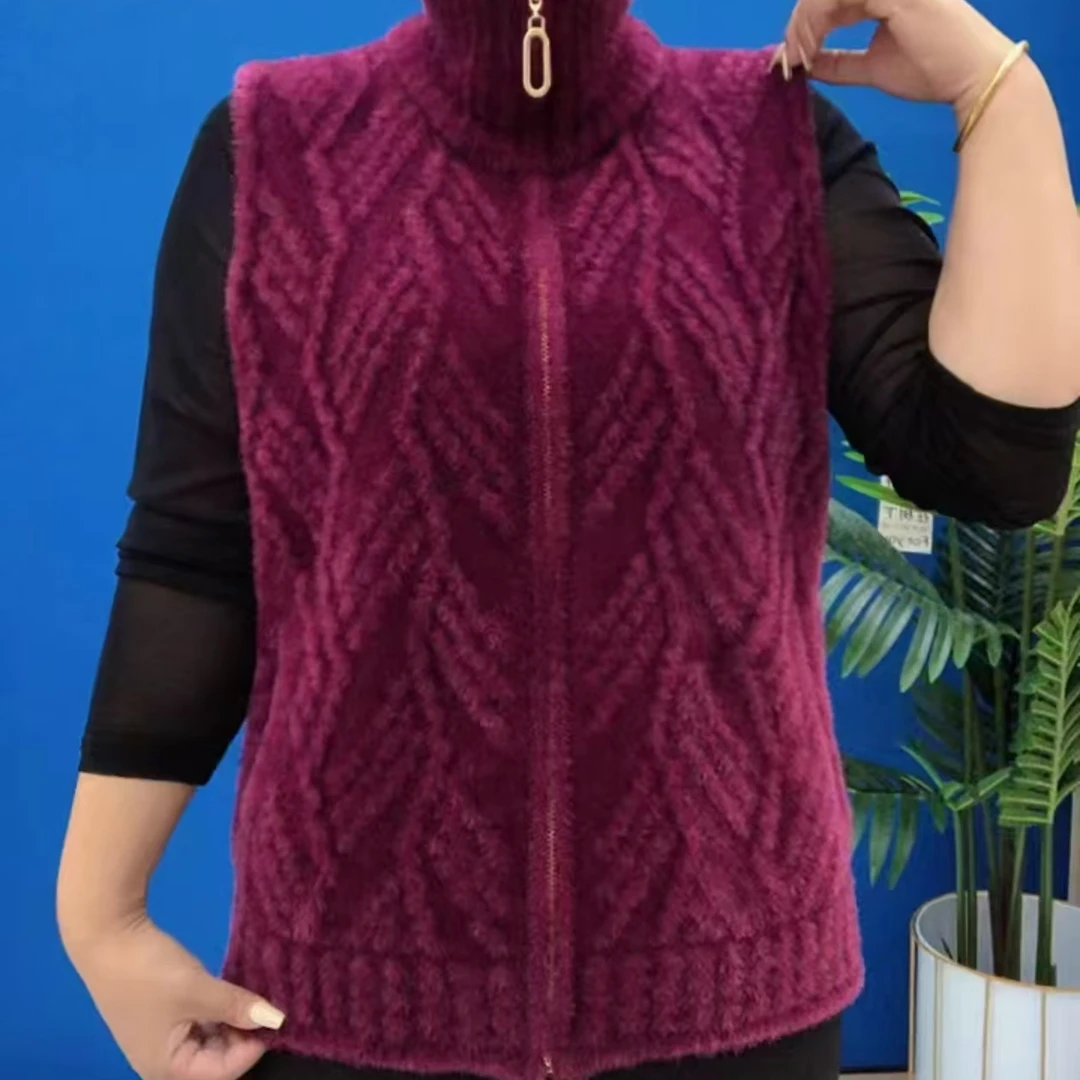 秋季针织绒条纹马甲中老年时尚百搭秋冬保暖无袖外穿透气女士