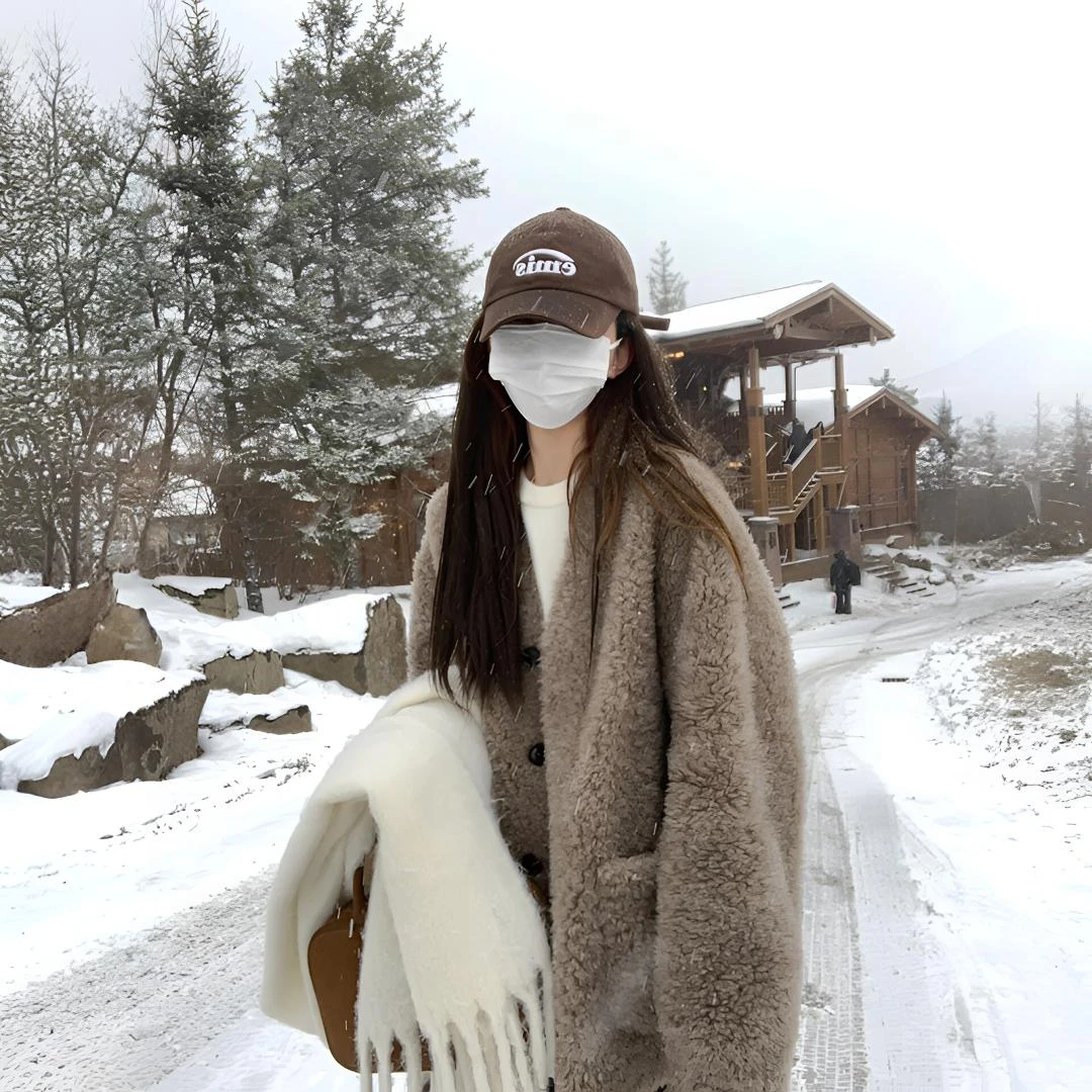 人造皮草 冬季V领皮毛一体羊羔绒高级感慵懒风加厚毛毛外套女