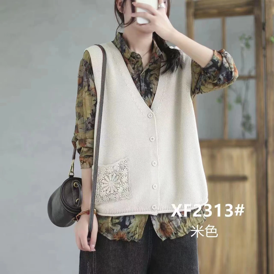 新款文艺蕾丝钩花V领棉线百搭马甲