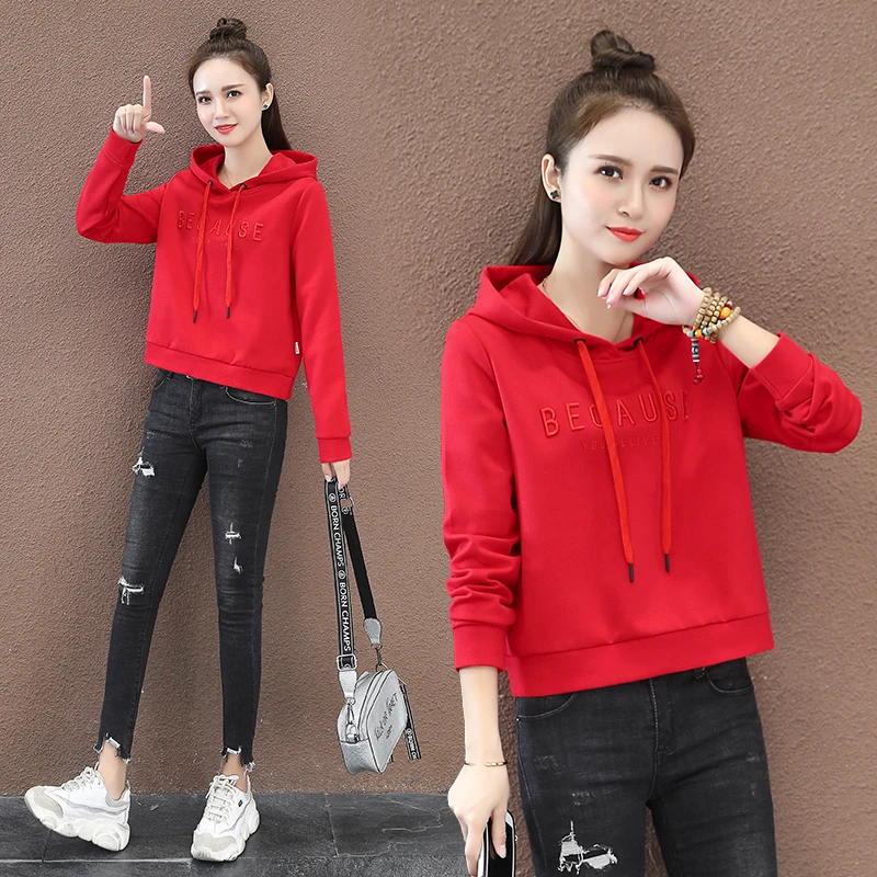 小个子红色卫衣女春秋季新款韩版宽松连帽百搭时尚休闲短款上衣装