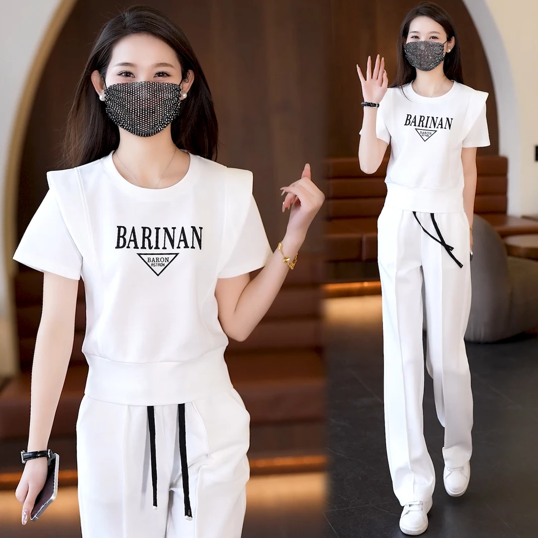 小个子夏季新款时尚休闲运动套装女2025年韩版短袖阔腿裤两件套装