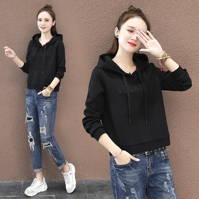 小个子连帽卫衣女春秋季新款韩版宽松显瘦时尚休闲百搭短款上衣装