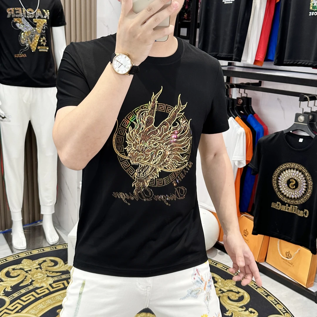 2025夏季新款男士短袖T恤金龙烫钻图案时尚休闲潮流半袖修身个性