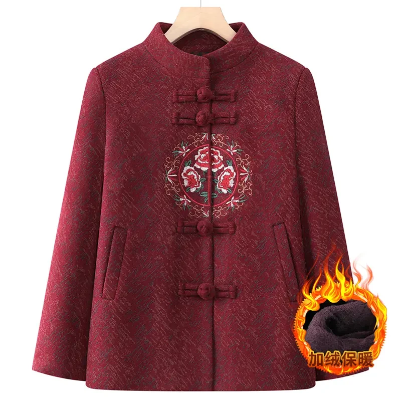 老年人外套加绒加厚奶奶秋冬中式立领上衣老太太唐装妈妈秋装衣服