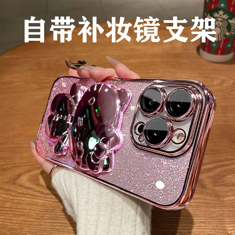 渐变闪粉适用苹果15promax手机壳猫咪补妆镜支架iPhone14电镀软壳
