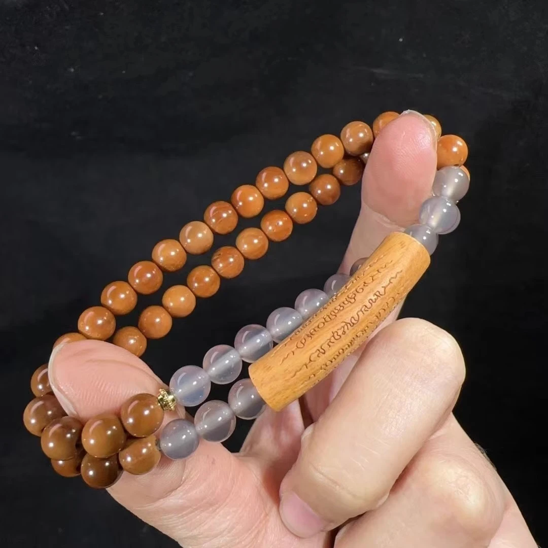 6MM库克搭配烟灰玛瑙搭配五条经文手串女国风文玩双圈手链盘珠