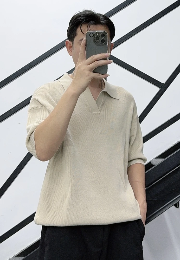 XI H A O男装夏季针织短袖高级感透气简约翻领休闲百搭半袖M 217