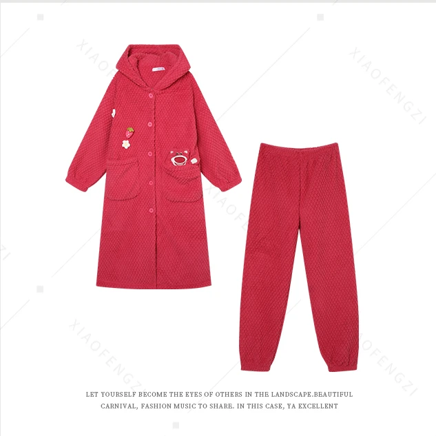 冬季新款加绒加厚长款草莓熊家居服套装可外穿
