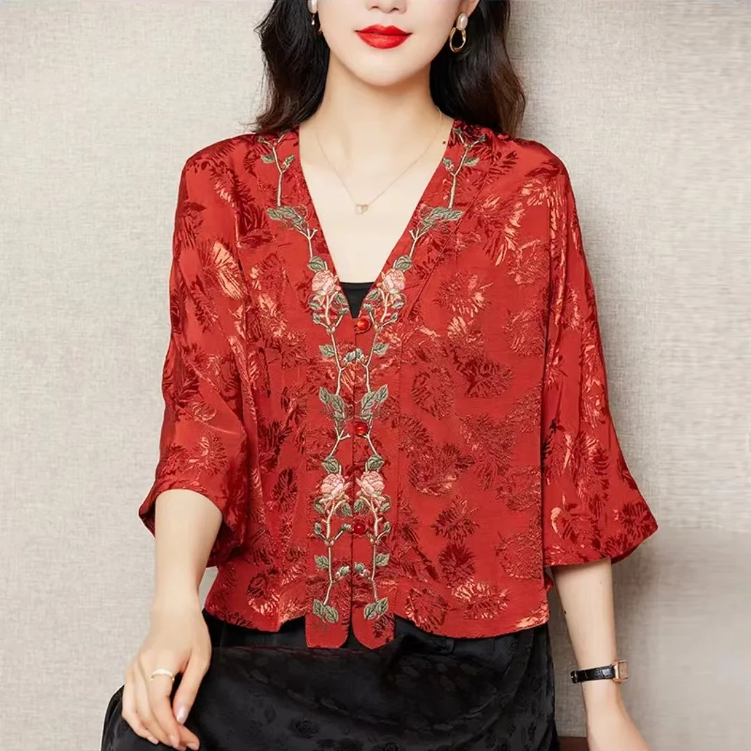 2024夏季新款气质时尚女士【刺绣开衫】新中式民族风提花五分袖上衣