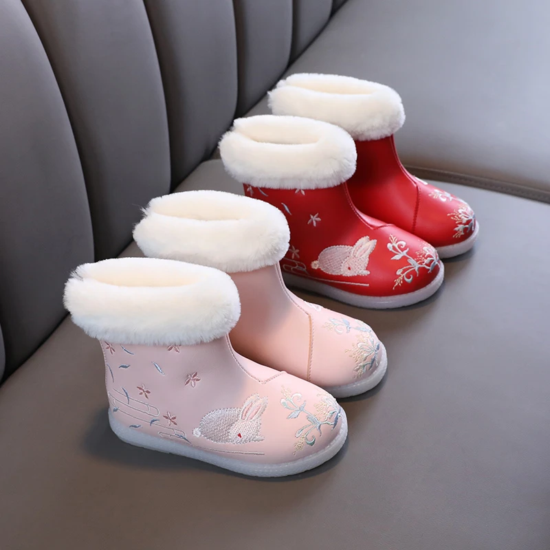 女童绣花鞋冬加绒棉鞋拜年鞋年服鞋儿童汉服鞋老北京女童靴童鞋