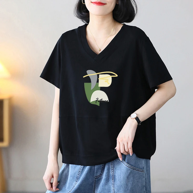 2024年夏装新款宽松mm短袖t恤女宽松减龄显瘦95%棉印花V领上衣服