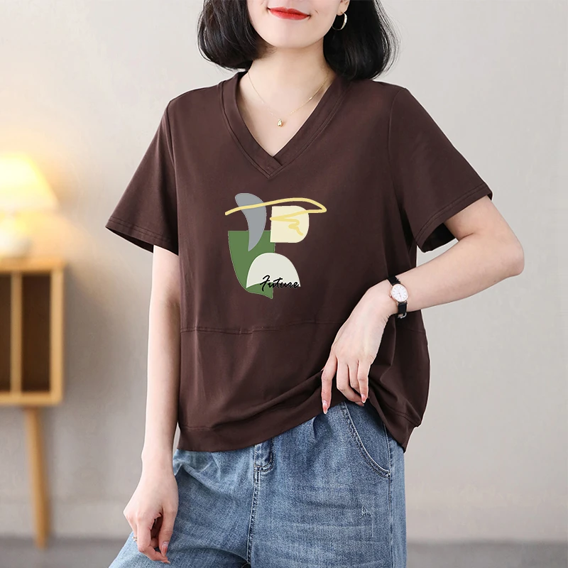 纯色短袖t恤女v领95%棉宽松半袖纯色上衣大码mm休闲显瘦夏季休闲