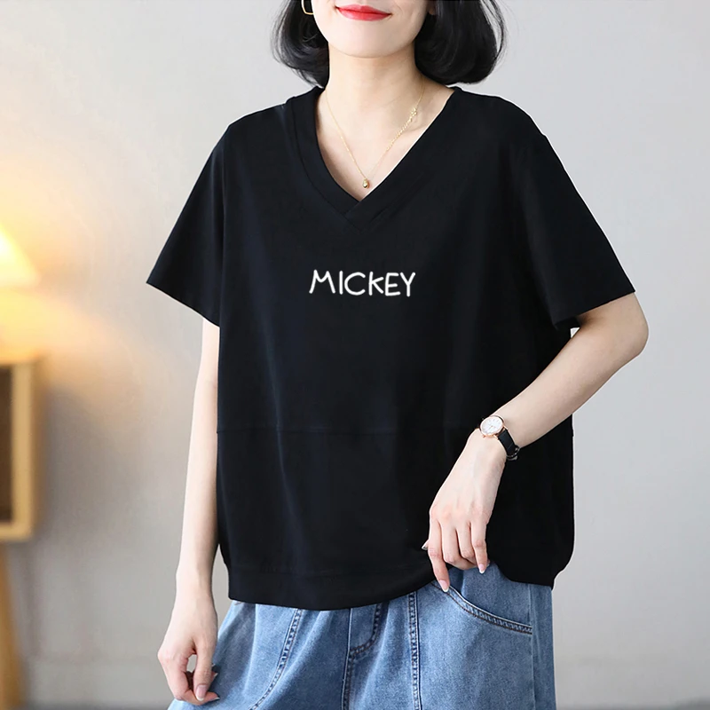 2025新款夏季纯棉t恤女短袖v领宽松大码韩版显瘦遮肉体恤衫上衣服