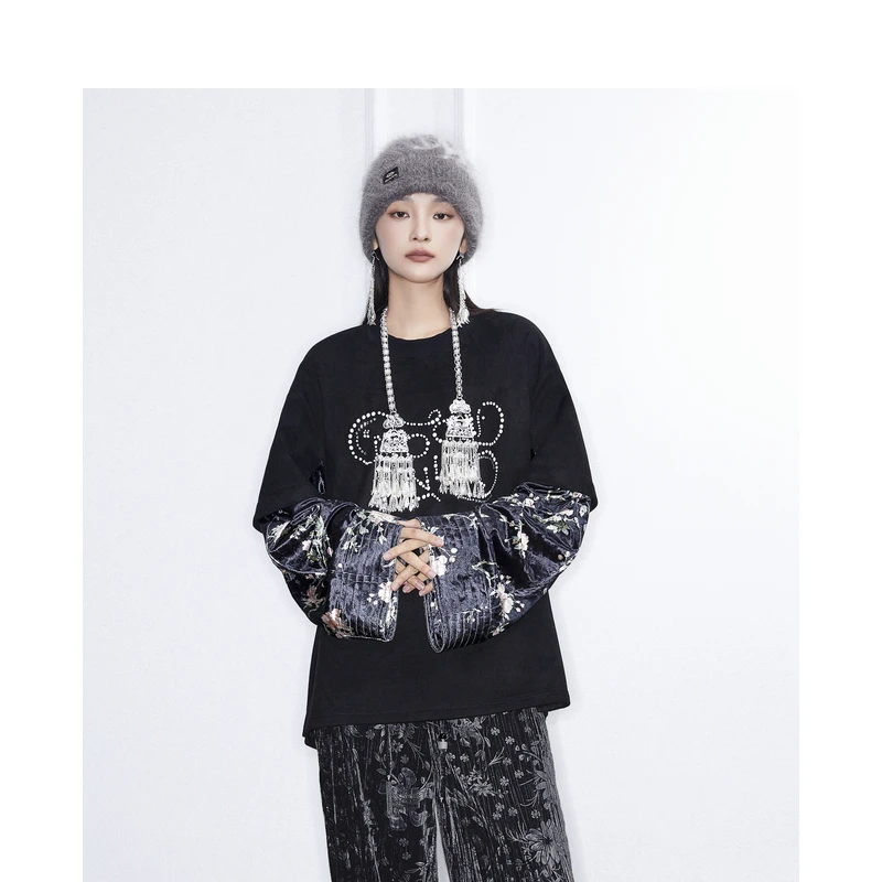 【高高甄选】密扇玲珑「柔甲」黑色圆领假两件卫衣M24DA07007001