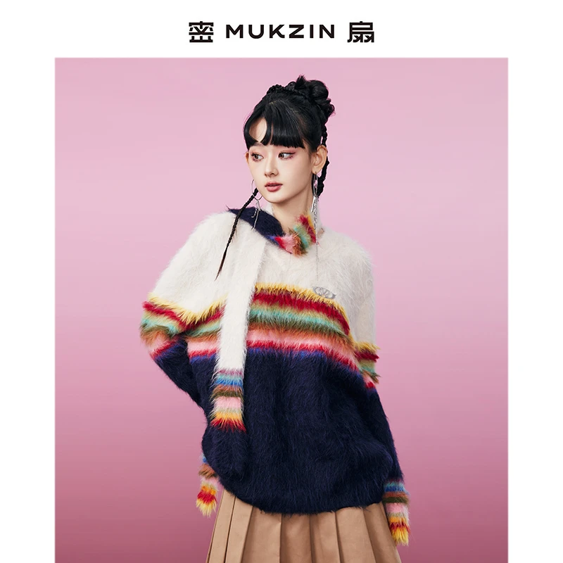 密扇游龙戏凤彩虹条撞色大版型毛衣M234A07015999