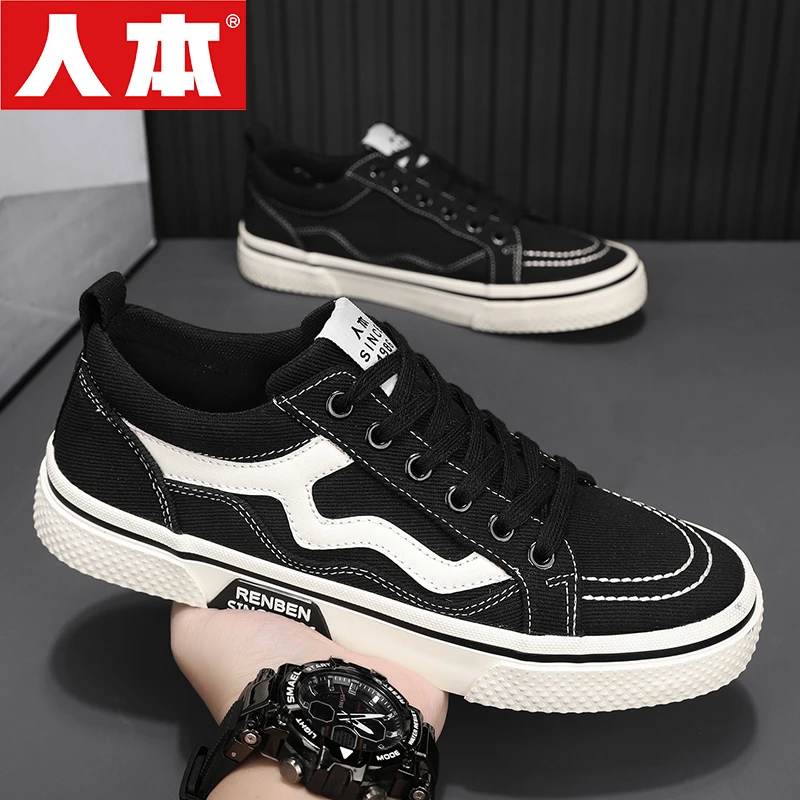 人本帆布男鞋夏季透气薄款黑色休闲潮鞋运动百搭软底老北京布鞋男