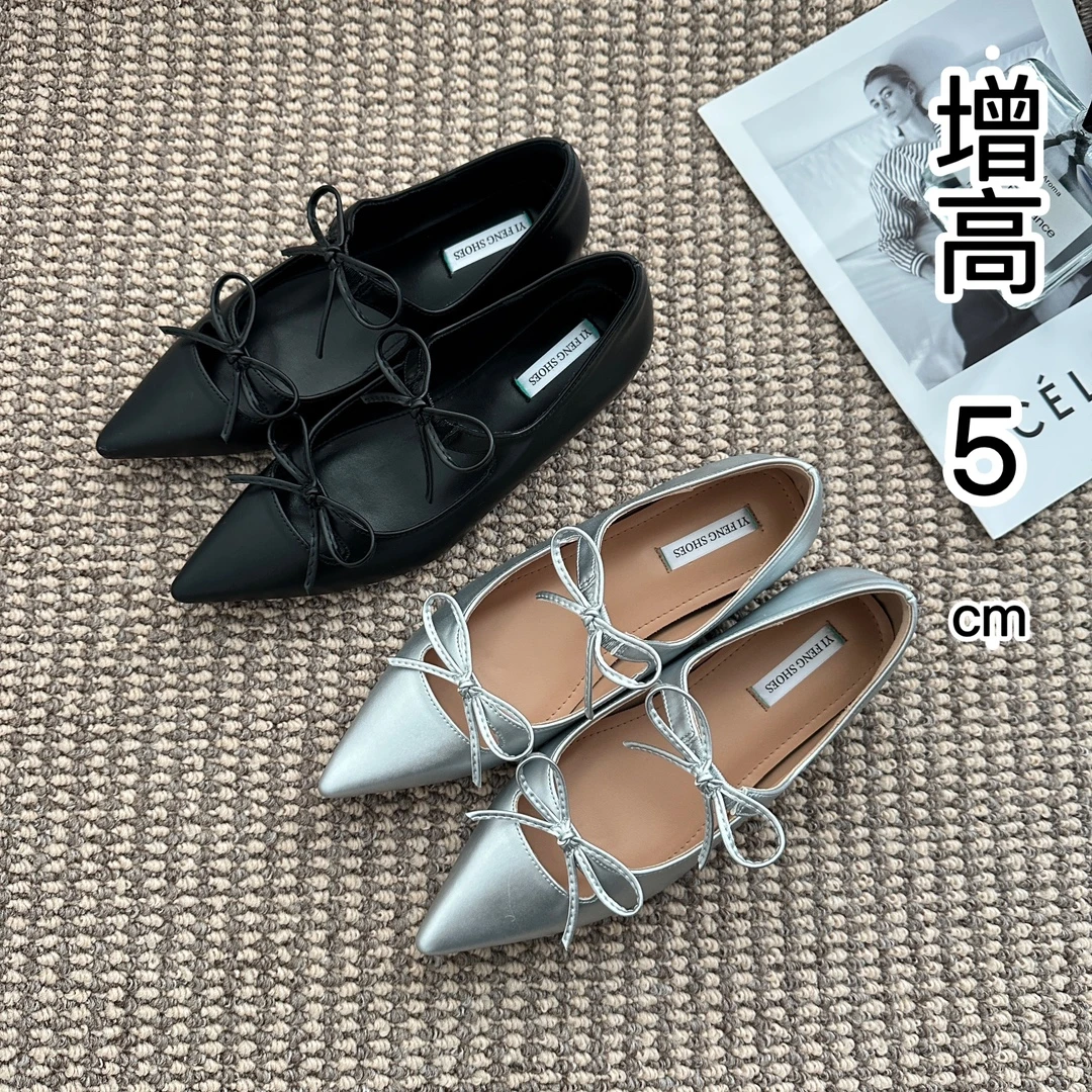 法式玛丽珍增高双蝴蝶结尖头气质女鞋晚风优雅微露趾缝单鞋女浅口