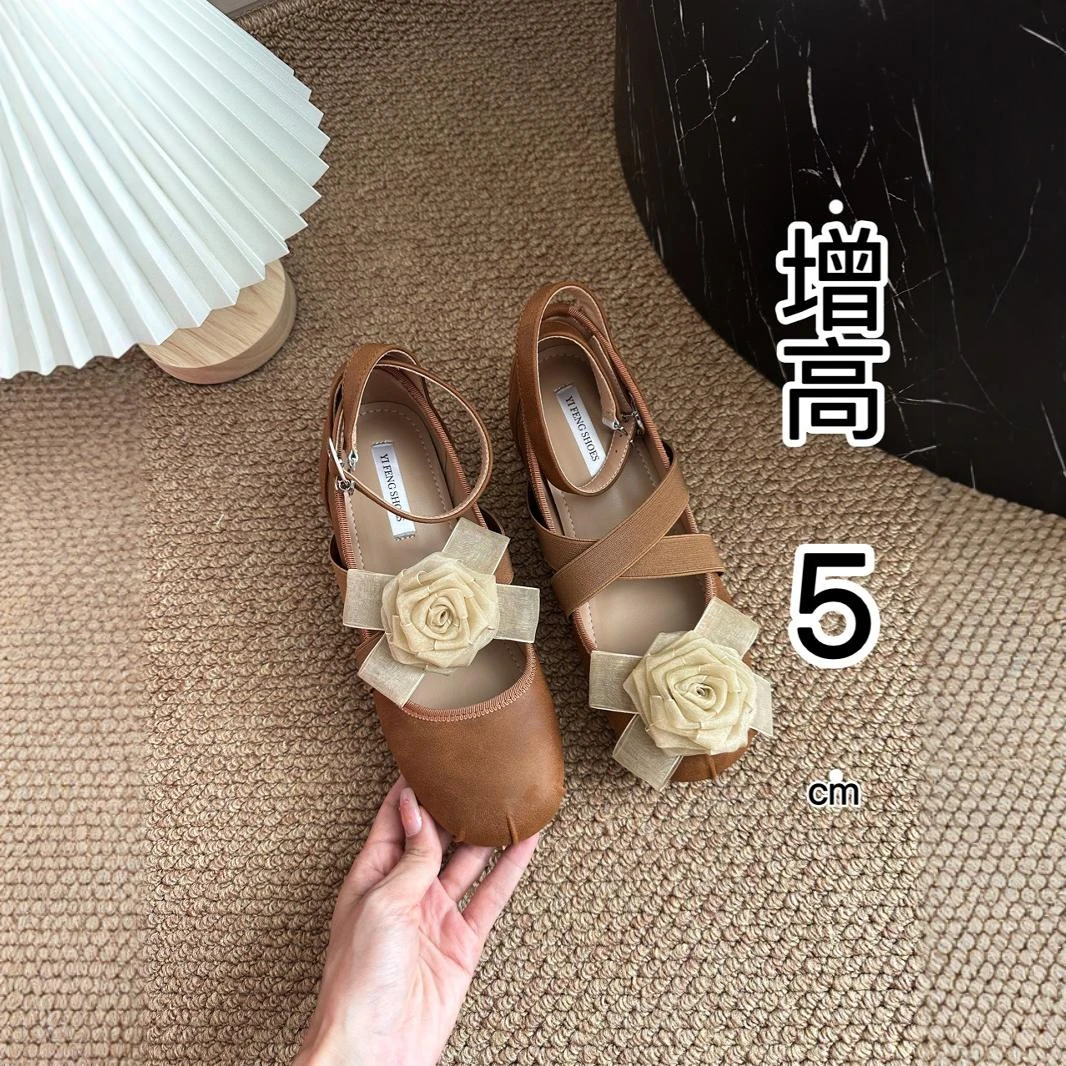 内增高5cm复古山茶花圆头芭蕾鞋2024秋季交叉绑带单鞋女浅口女鞋