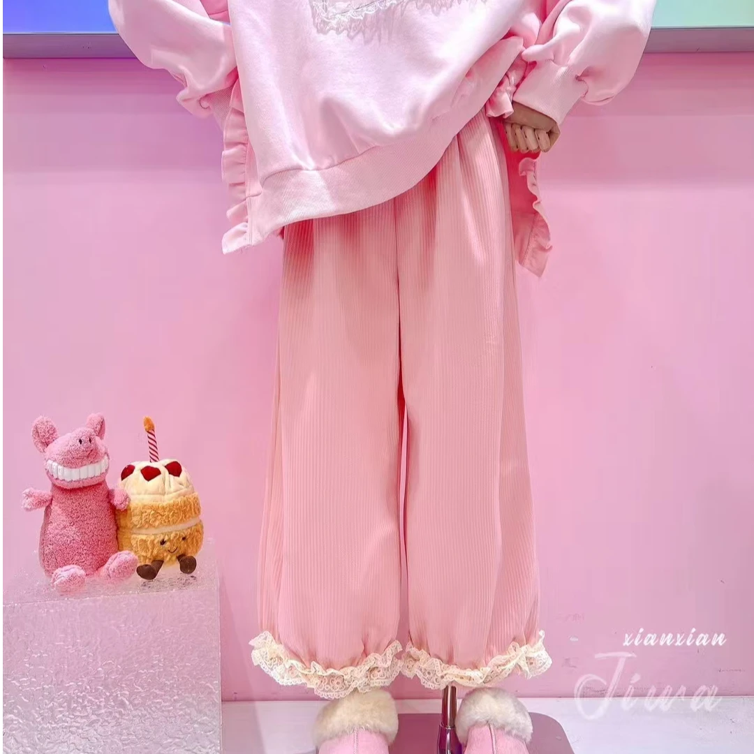 【纯熙+】16101秋冬新款撞色花边条绒薄绒休闲裤女韩版宽松百搭显瘦