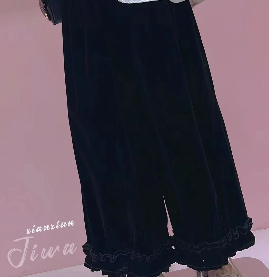 【纯熙+】15918秋冬新款立体花边单面灯芯绒直筒裤女韩版宽松遮肉