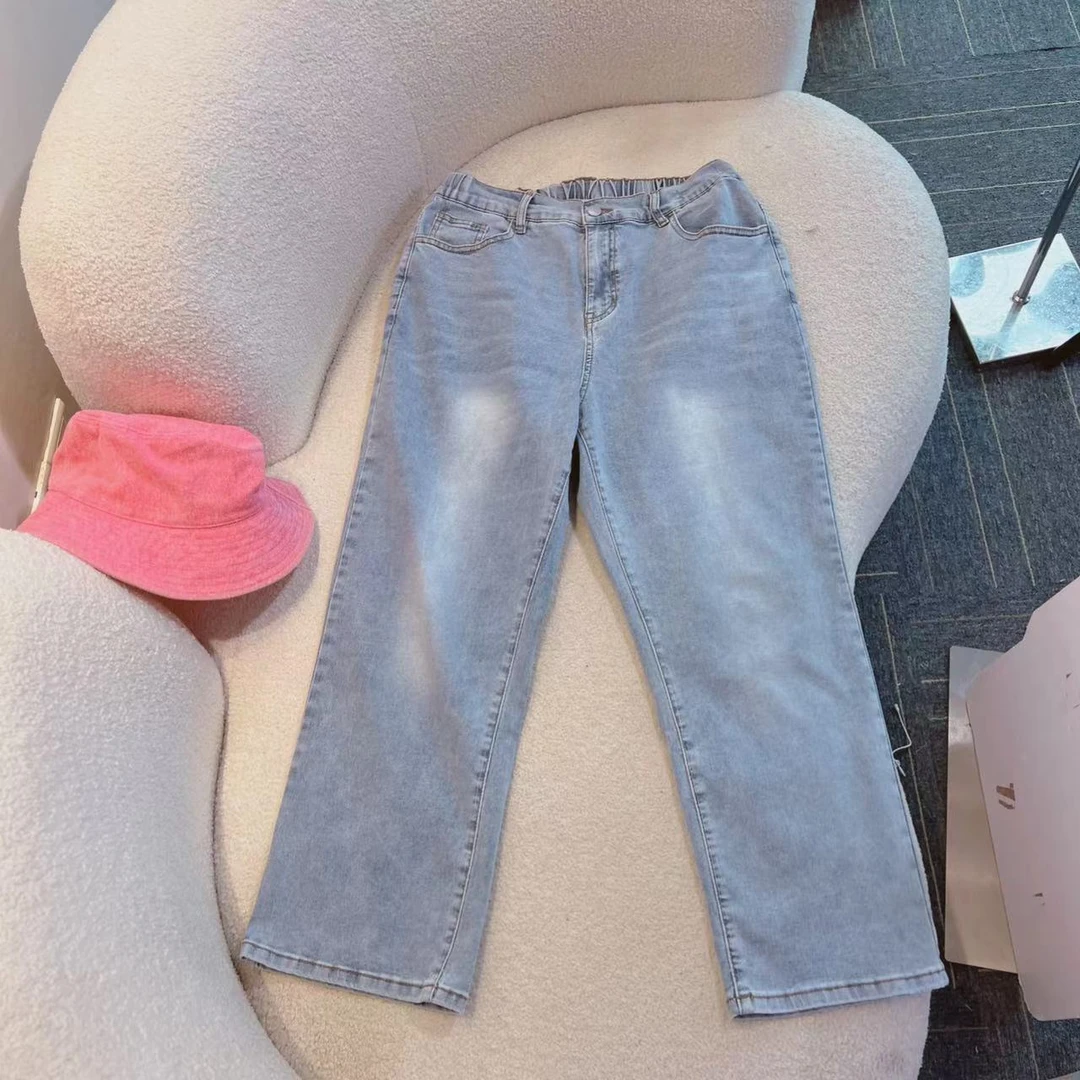 【纯熙+】夏季新款松紧腰净版基础款牛仔裤女高腰微喇休闲百搭韩版