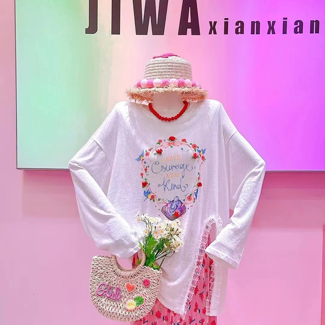 【纯熙+】26998夏季新款复古玫瑰花圆圈侧开叉长袖防晒T恤上衣女