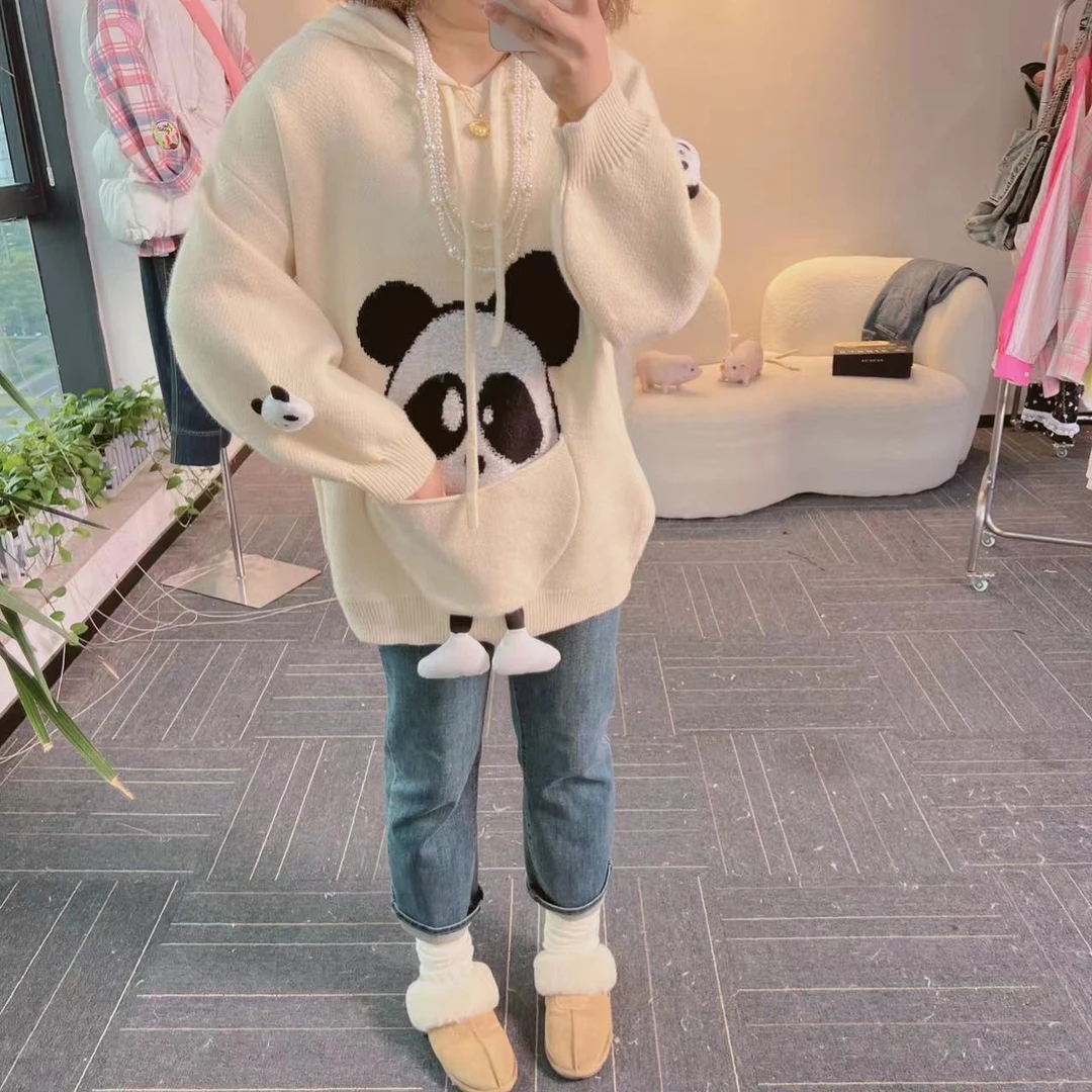 【纯熙+】秋冬新款小熊猫口袋毛巾绣连帽毛衣女韩版宽松显瘦