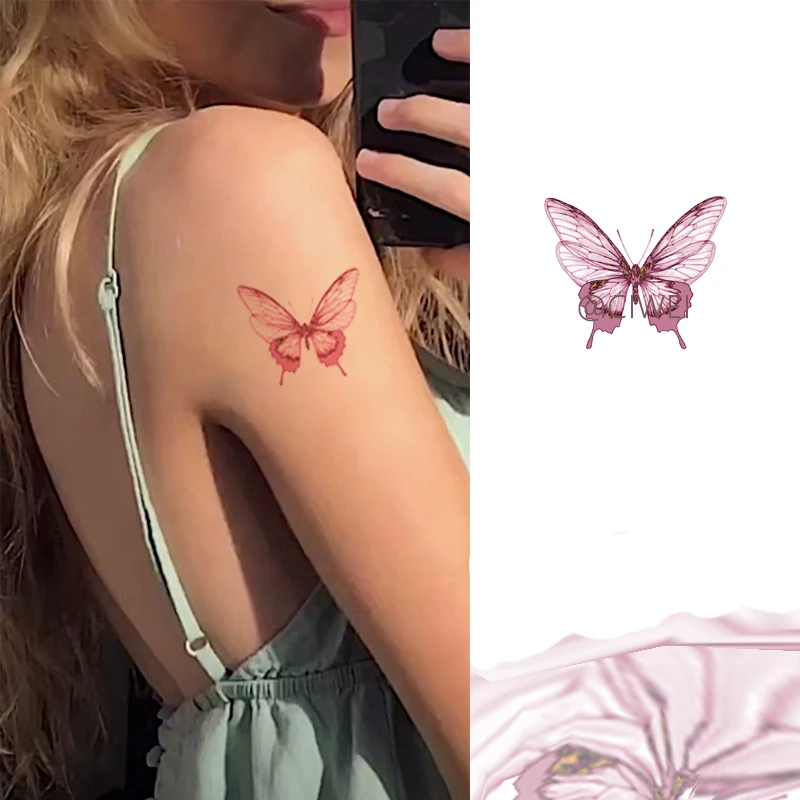 蝴蝶纹身贴防水持久女小清新锁骨辣妹彩绘红色高级感手臂仿真