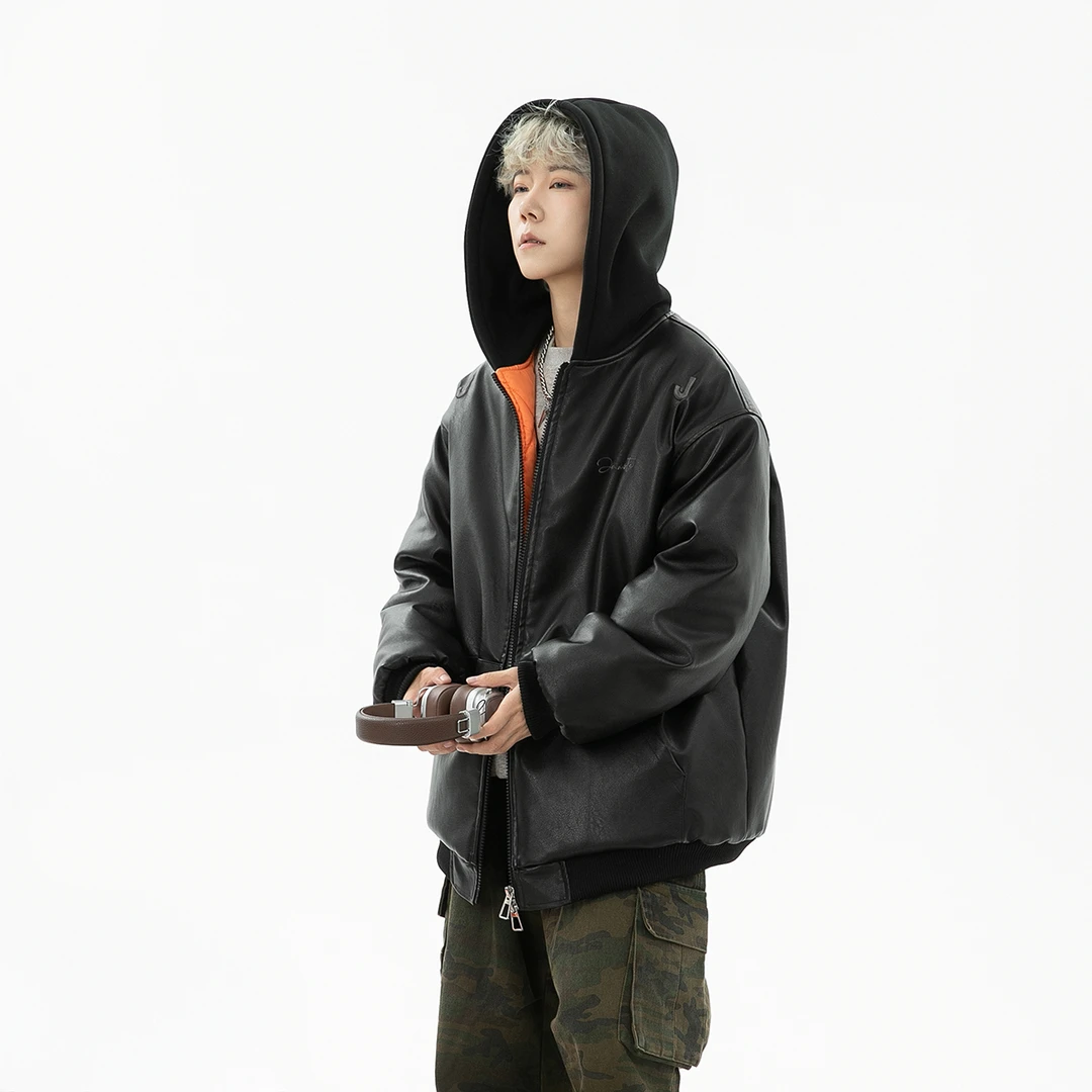 Jaaniste冬季加厚防寒pu皮棉服男潮牌宽松连帽棉衣刺绣保暖外套