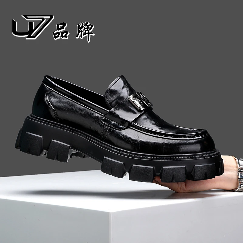 U7品牌男鞋新款男士商务休闲皮鞋厚底增高透气百搭豆豆鞋